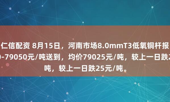仁信配资 8月15日，河南市场8.0mmT3低氧铜杆报价79000-79050元/吨送到，均价79025元/吨，较上一日跌25元/吨。